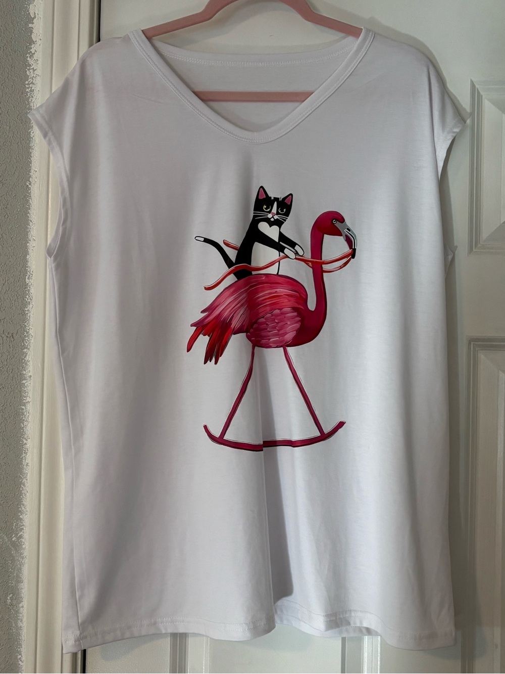 SHEIN White Tank Top with Pink Flamingo and Black Cat Graphic